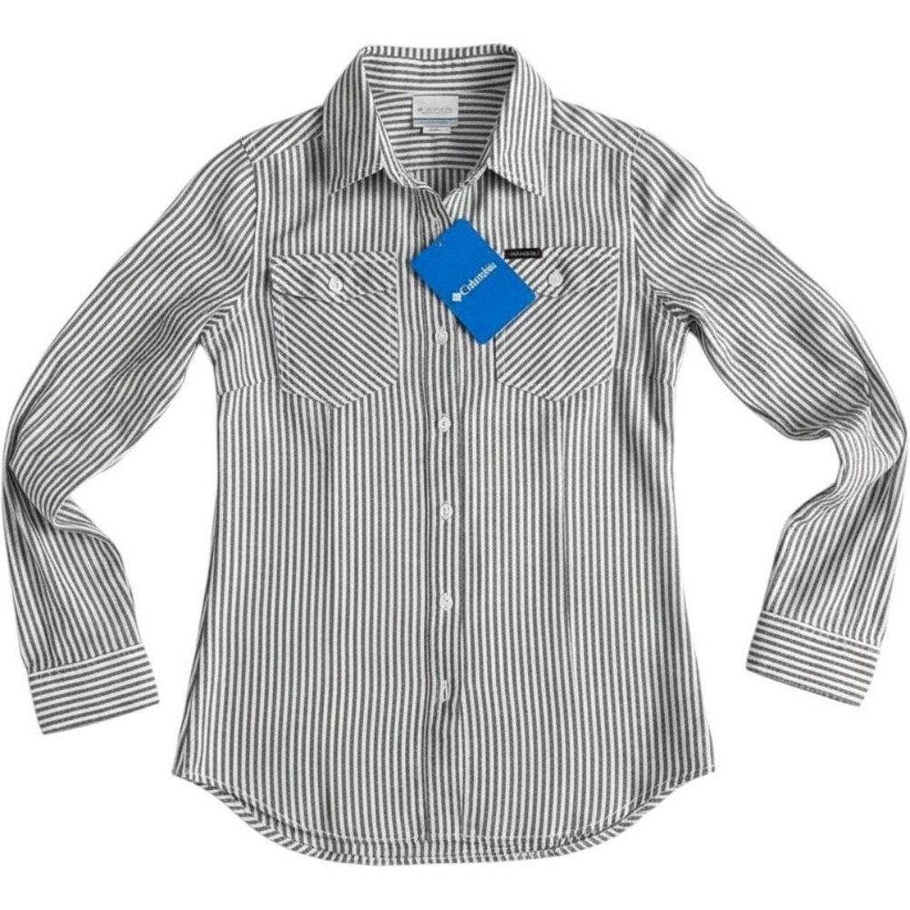 Columbia Womens Striped Button Down Shirt Grey White Long Sleeve XS EL1387